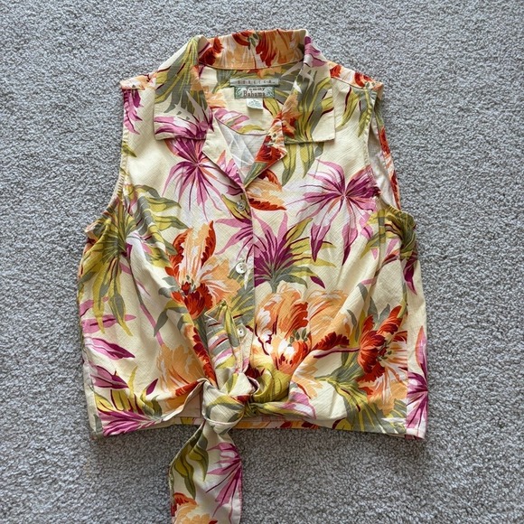 Tommy Bahama Tops - Vintage Tommy Bahama Tie Front Shirt Womens M Pink Floral Silk Tropical Beach